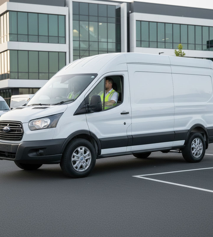 A white Ford Transit cargo van with its headlights on is parked in an asphalt lot in front of a modern glass office building. A driver in a neon safety vest is visible through the window.
