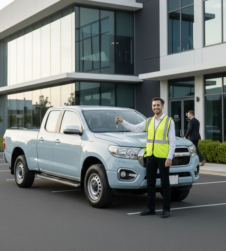 A smiling man in a green yellow safety vest stands in an asphalt parking lot, holding up a set of keys next to a light blue pickup truck parked in front of a modern glass office building.