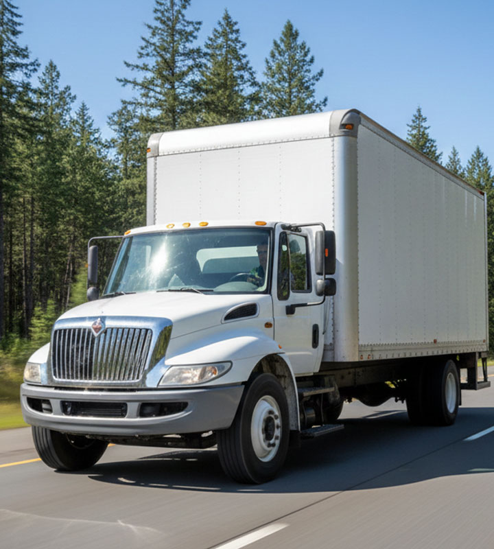 A white International commercial box truck drives along a paved highway bordered by a dense evergreen forest. The vehicle features a chrome grille and is captured in bright, clear daylight under a blue sky.