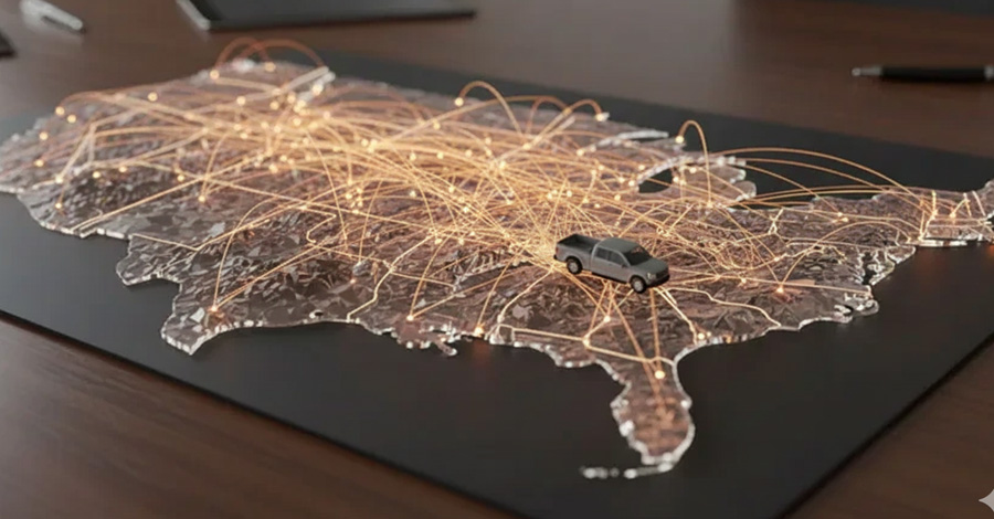 3D model depicts a map of the United States with a network of glowing gold connection lines. A small grey pickup truck is positioned centrally on the map, representing a logistical hub.